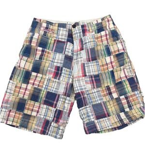 Chor Shorts Mens 34 Chino Madras Flat Front Red Blue White Plaid Patchwork